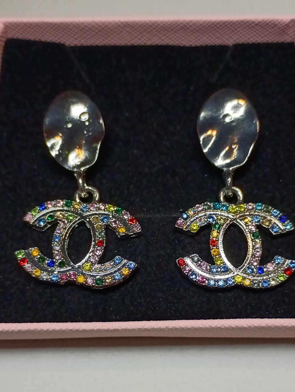 New Multicolor Crystal Interlocking Logo Drop Earrings